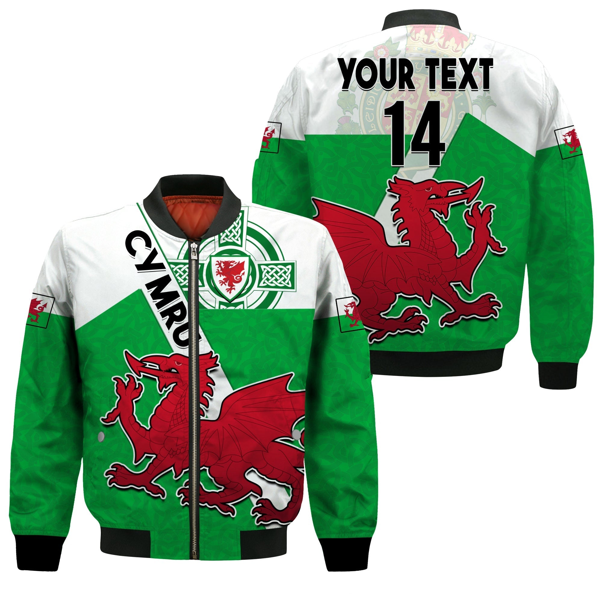 (Custom Text And Number) Wales Football Bomber Jacket Come On Welsh Dragons With Celtic Knot Pattern - Wonder Print Shop