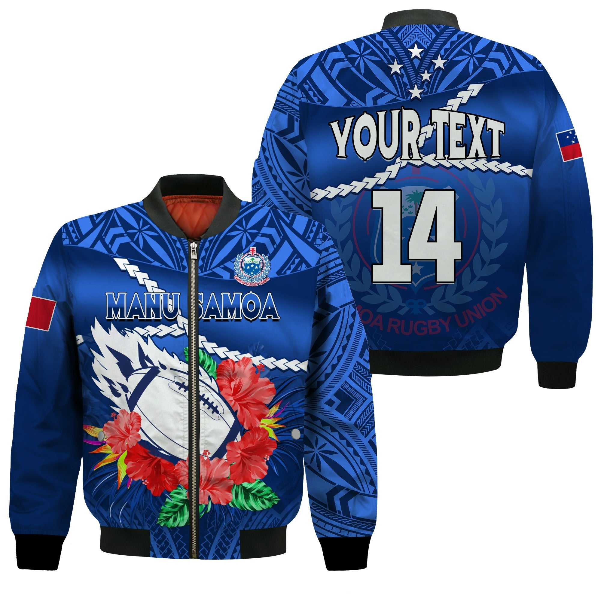 (Custom Text And Number) Samoa Rugby Bomber Jacket Manu Samoa Polynesian Hibiscus Blue Style - Wonder Print Shop