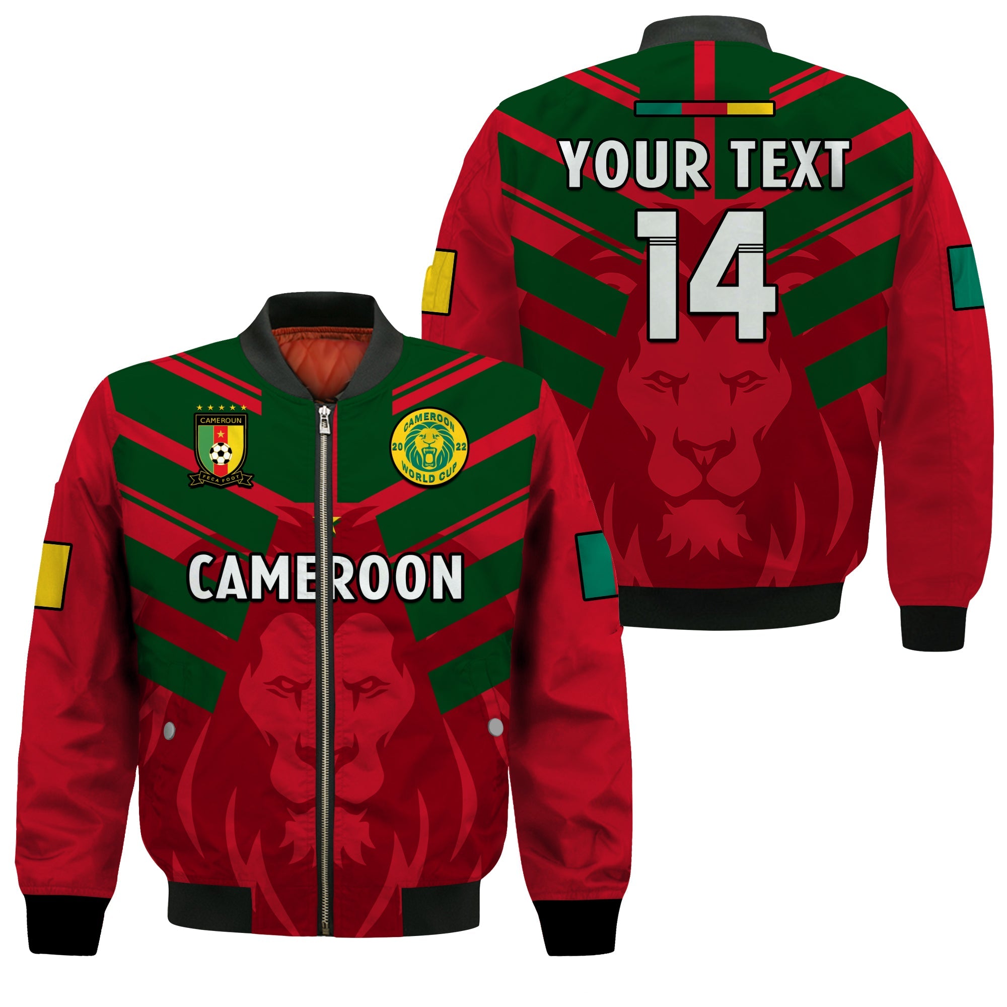 (Custom Text And Number) Cameroon Football Bomber Jacket Les Lions Indomptables Red World Cup 2022 - Wonder Print Shop