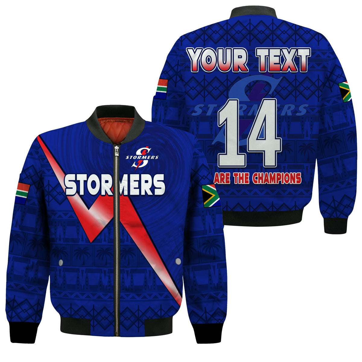 Blaue Bomberjacke mit Stormers-Logo, Reißverschluss und gelb-grün-rotem Ärmelstreifen
