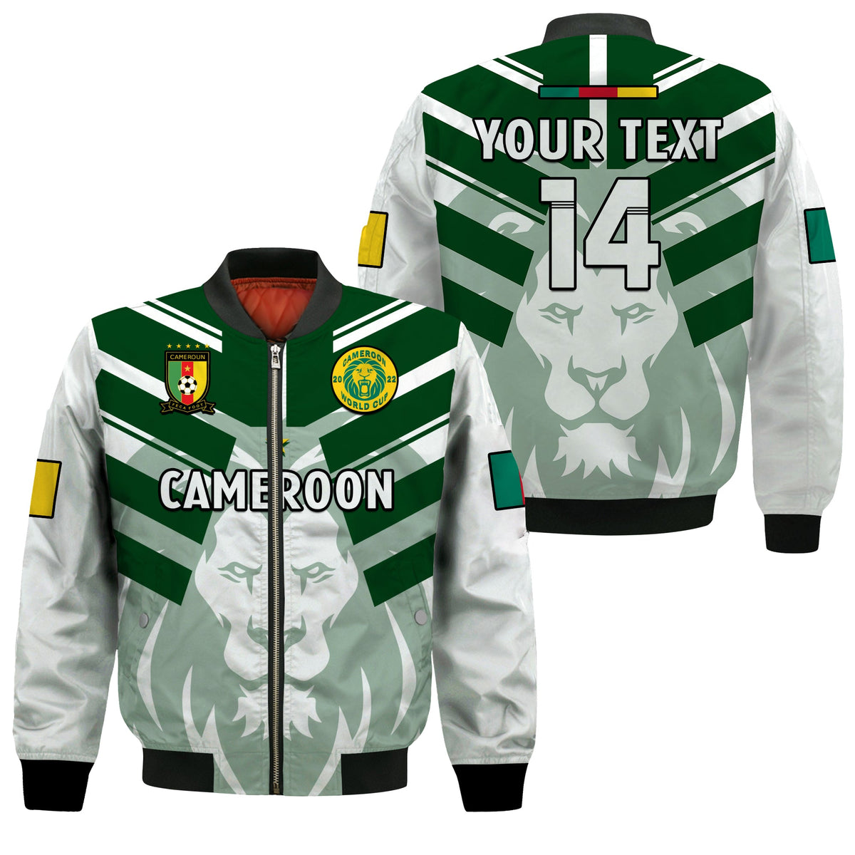 White bomber jacket with green stripes, lion graphic, zip front and ribbed cuffs