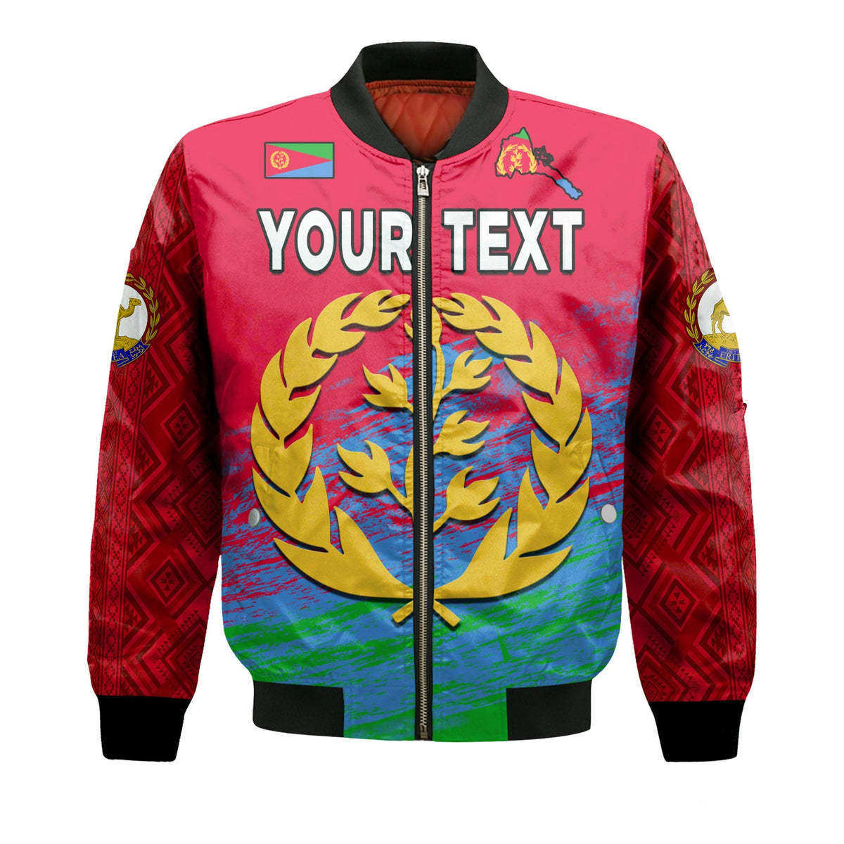 Red unisex bomber jacket, front zip with your text, wreath emblem artwork