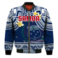 Blue front zip bomber jacket with Samoa text, shield emblem, and yellow plumeria