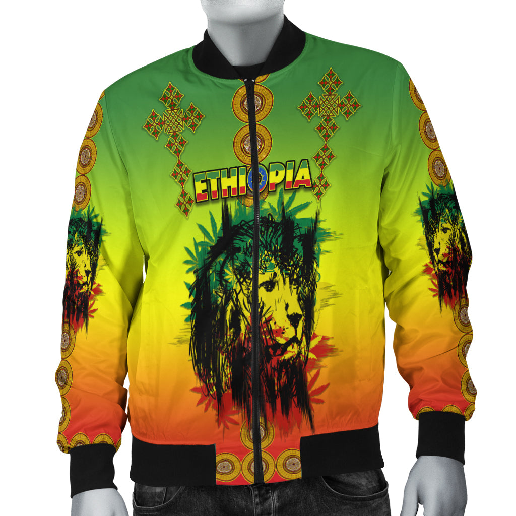Bomber jacket with full-zip front; lion portrait graphic on green-to-yellow print