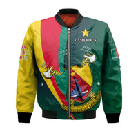 Cameroon bomber jacket front view, teal green base, red yellow stripes, crest, zip and sleeve patches