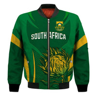 Green unisex bomber jacket front with SOUTH AFRICA text, SA cricket crest, tiger