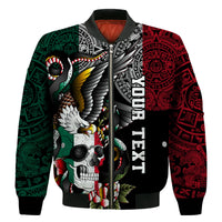 Black bomber jacket with eagle skull artwork and red-green patterned panels, zip front.