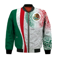 Unisex bomber jacket with eagle and circular Mexico emblems, black ribbed collar, front zipper.