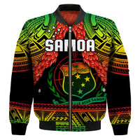 Black zip-up bomber jacket with Samoa crest, red floral motif, SAMOA lettering, full front