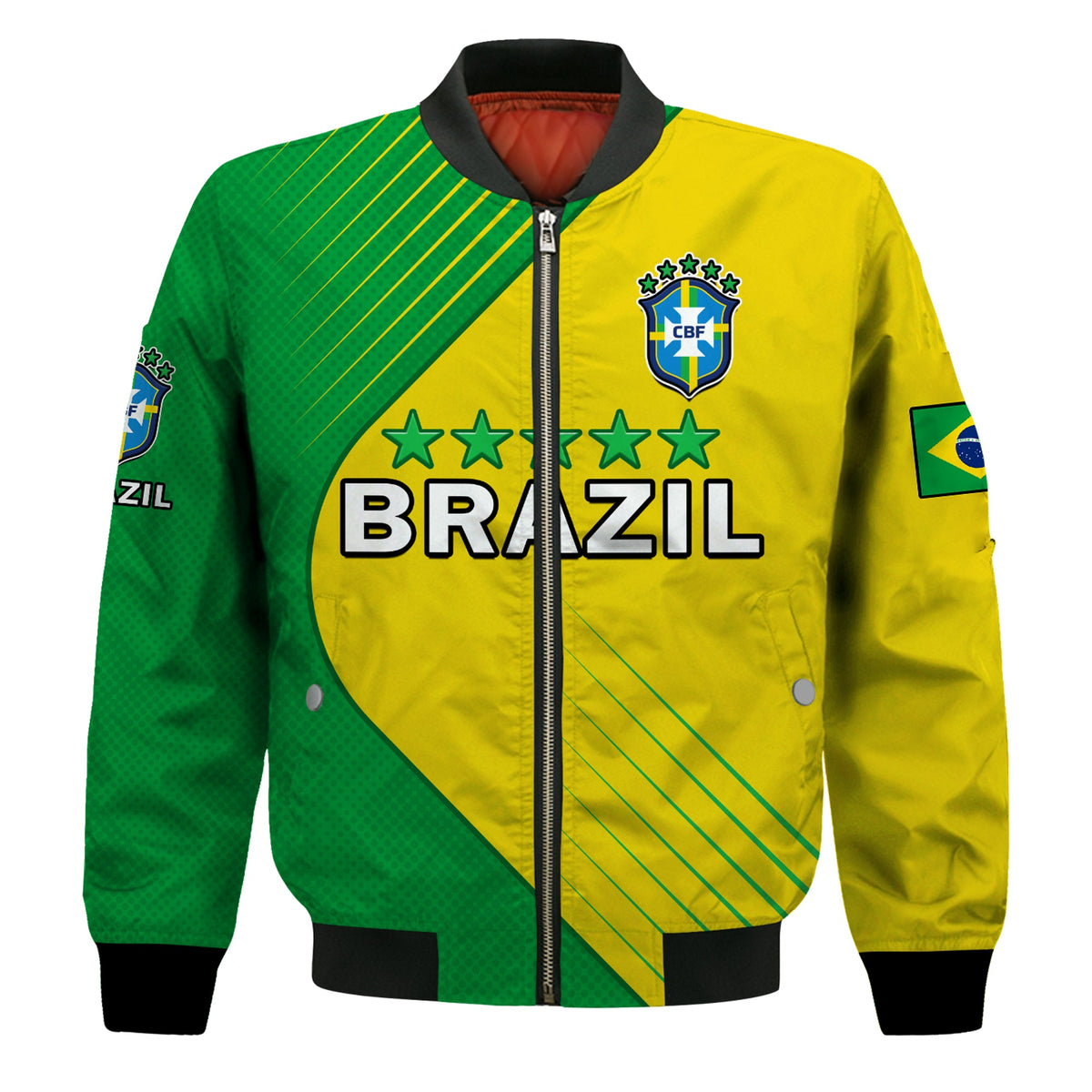Unisex Brazil bomber jacket, green/yellow panels, CBF crest, BRASIL lettering, zip front