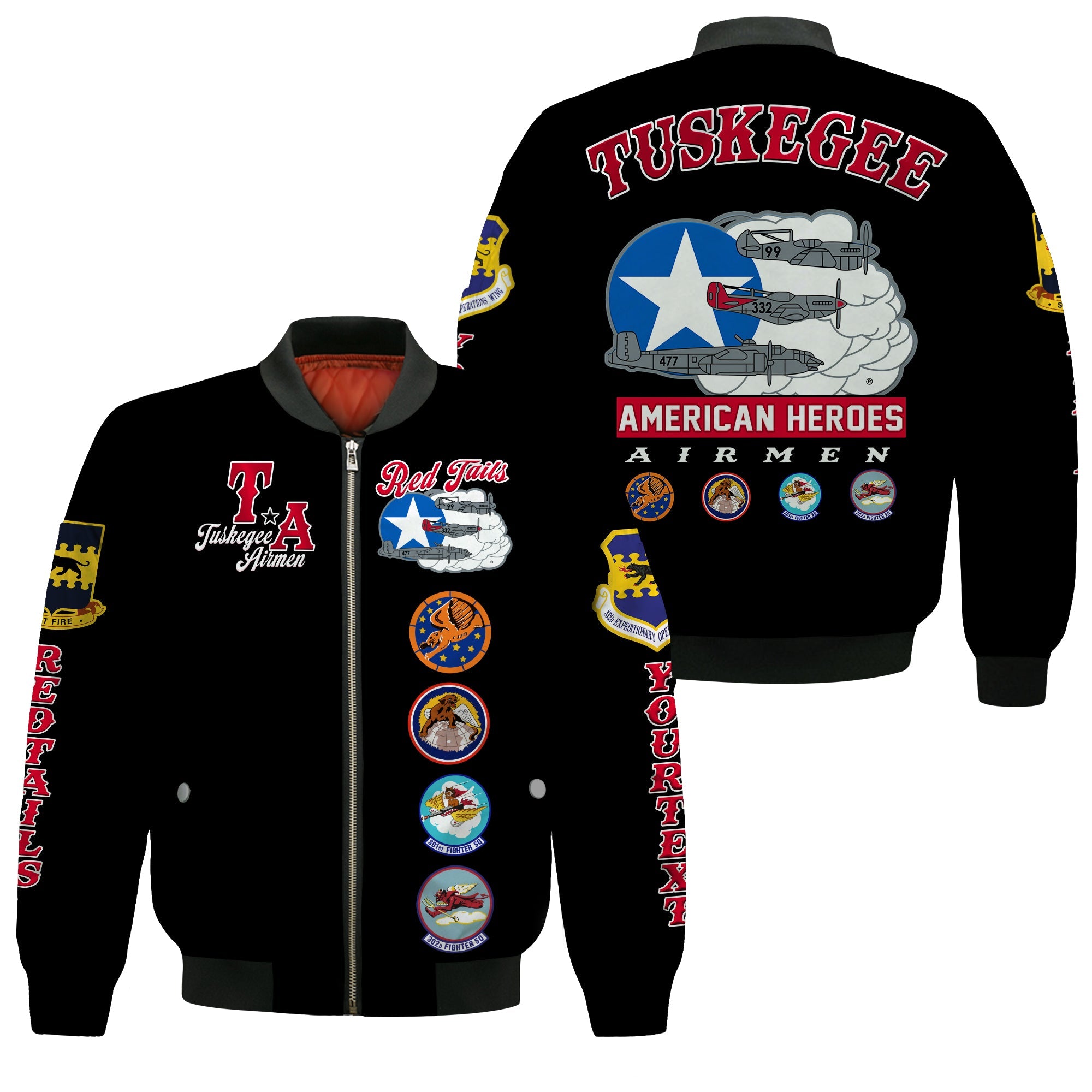 (Custom Personalised) Tuskegee Airmen Bomber Jacket Red Tail Angels American Heros Ver.04 - Wonder Print Shop