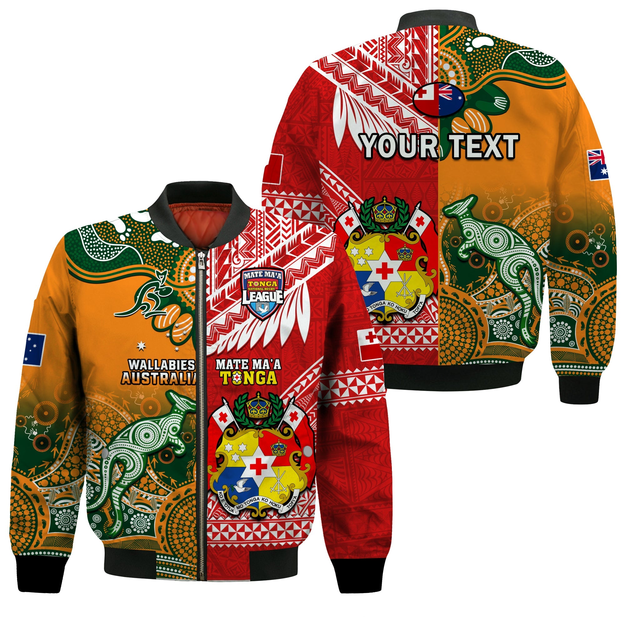 (Custom Personalised) Mate Maa Tonga And Wallabies Rugby Bomber Jacket Polynesian Mix Aboriginal - Wonder Print Shop