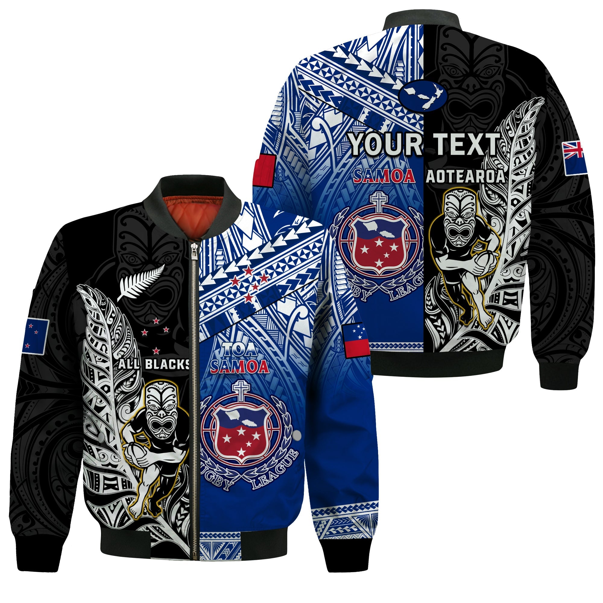 (Custom Personalised) All Black And Toa Samoa Rugby Bomber Jacket NZ Maori Fern Mix Polynesian - Wonder Print Shop