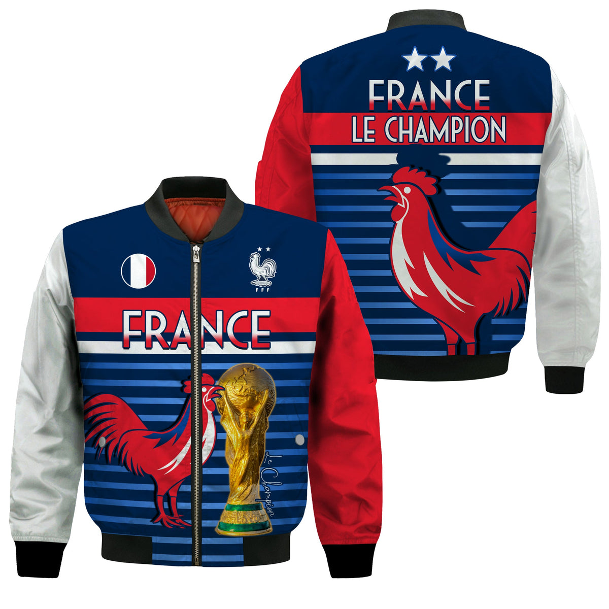 Blue/red France bomber jacket with rooster graphic, stars, and ribbed cuffs