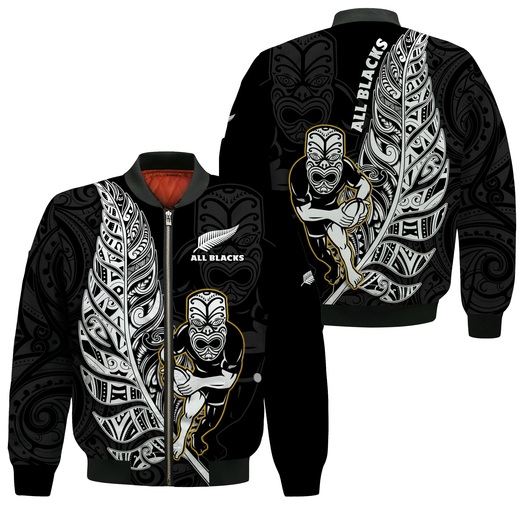 New Zealand 2022 Rugby Bomber Jacket All Black Silver Fern Maori Pattern Version Black - Wonder Print Shop