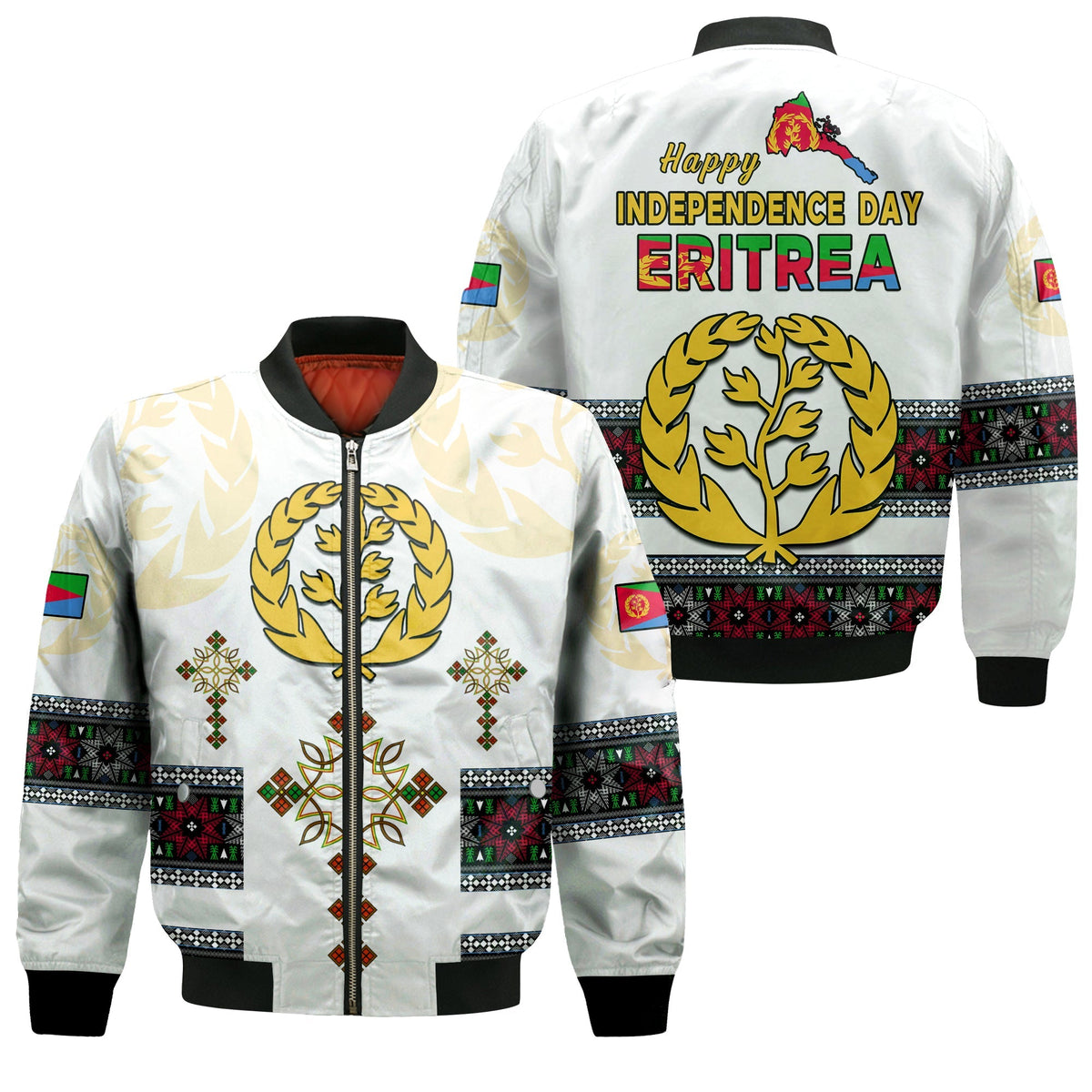 White bomber jacket with Independence Day Eritrea back graphic, ribbed collar, zipper