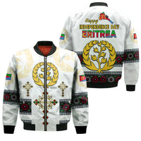 White bomber jacket with Independence Day Eritrea back graphic, ribbed collar, zipper