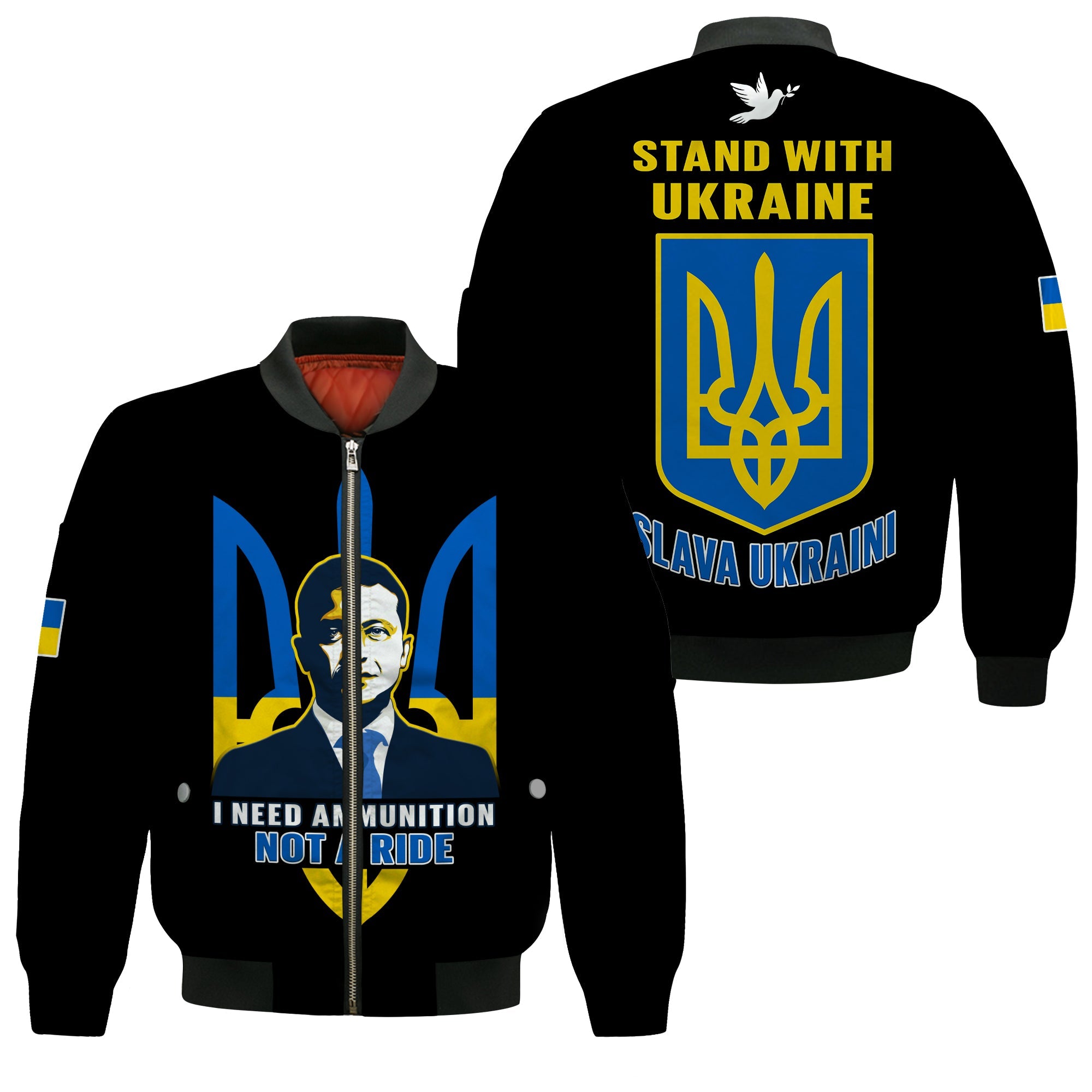 Ukraine Bomber Jacket Ukraine Gold Trident Slava Ukraini Black - Wonder Print Shop