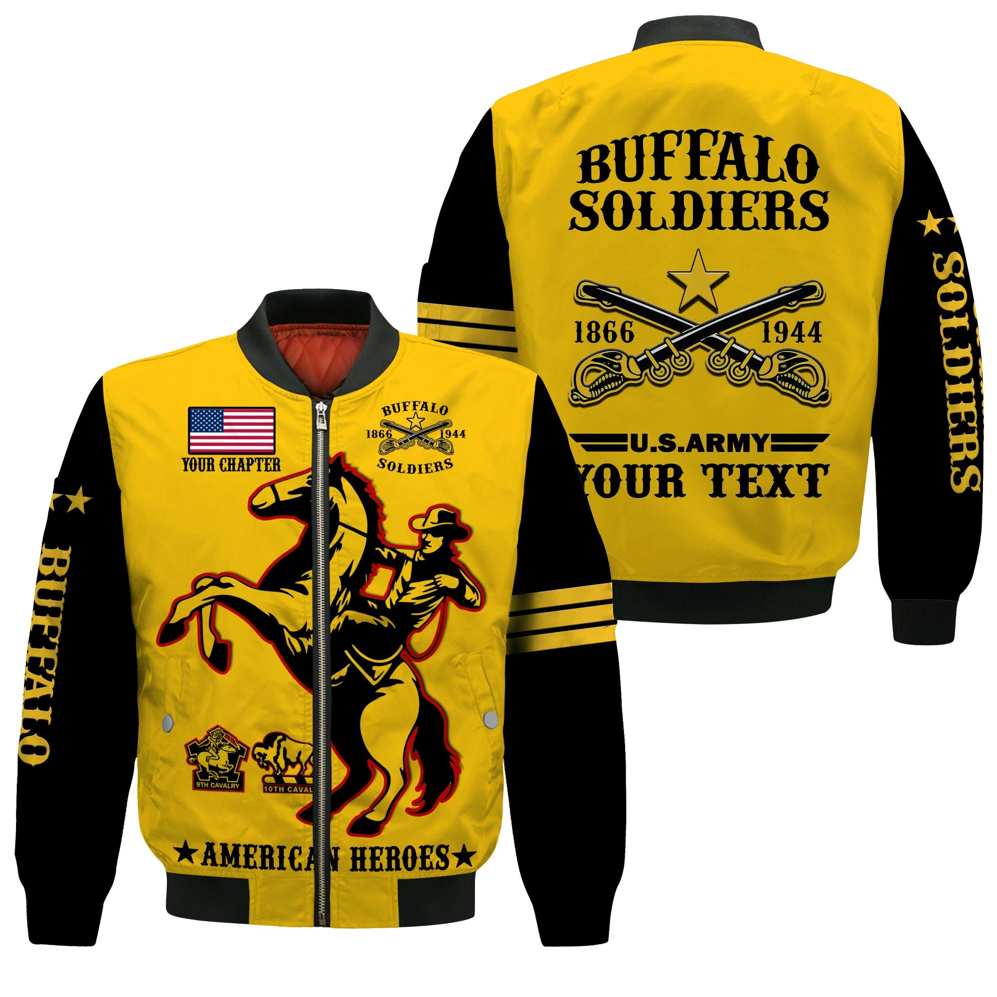 (Custom Text And Chapter) Buffalo Soldiers Bomber Jacket BSMC United States Army Yellow - Wonder Print Shop