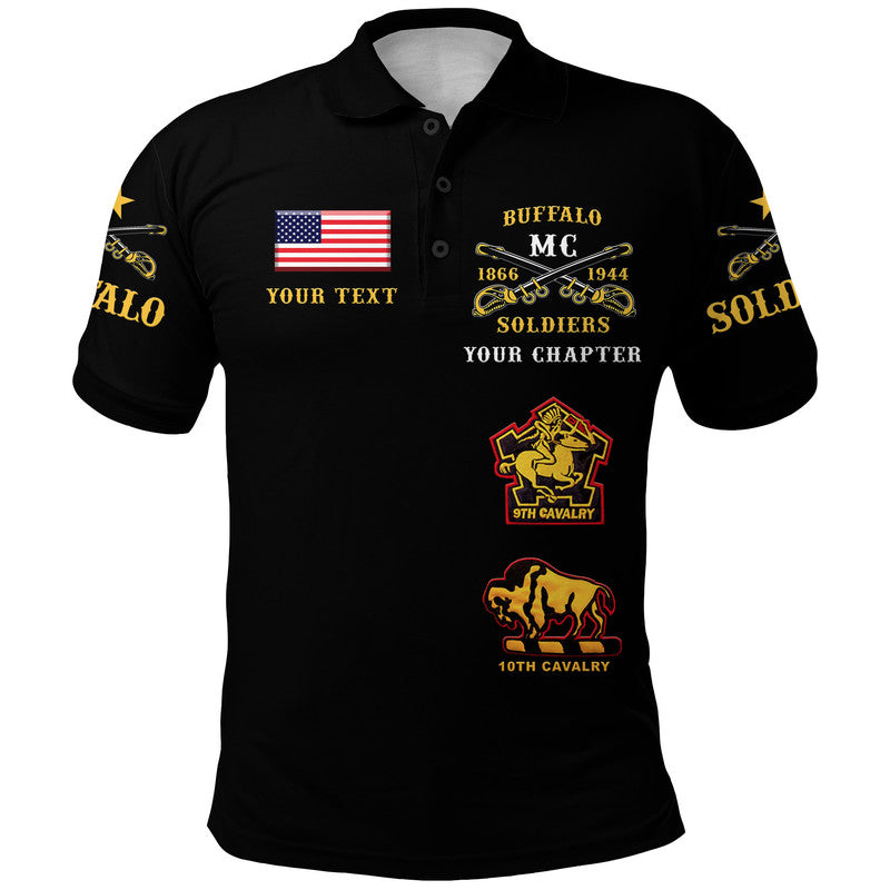 Black polo with US flag, Buffalo MG 'Soldiers' front and 9th/10th Cavalry emblems