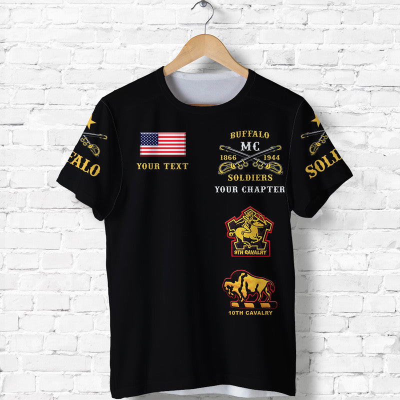 Black motorcycle club T-shirt with front emblems and custom text, BSMC-style