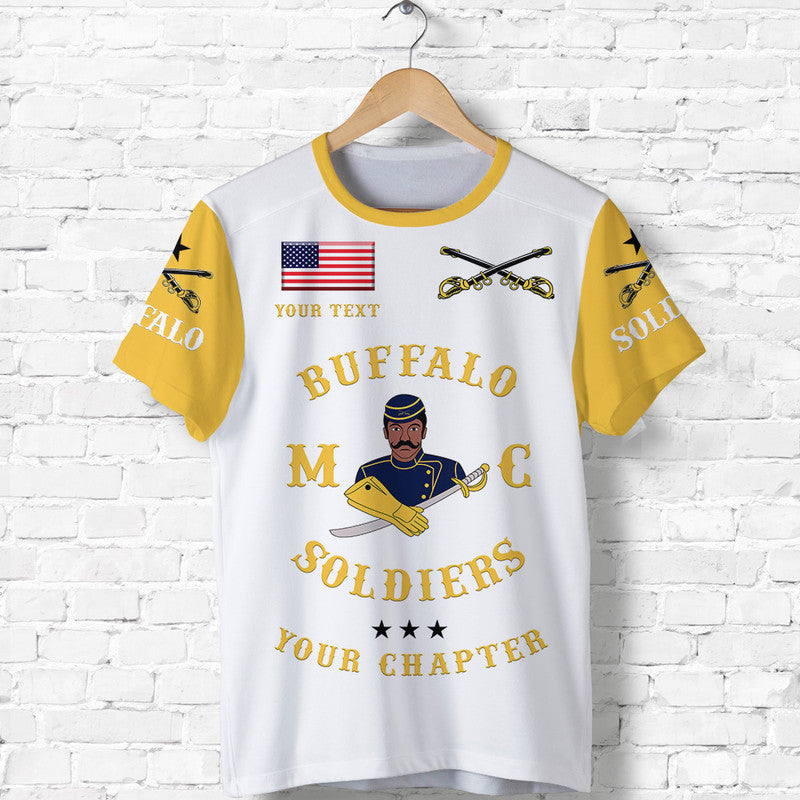 White Buffalo Soldiers T-shirt with gold trim, US flag and gold motorcycle soldier graphic.