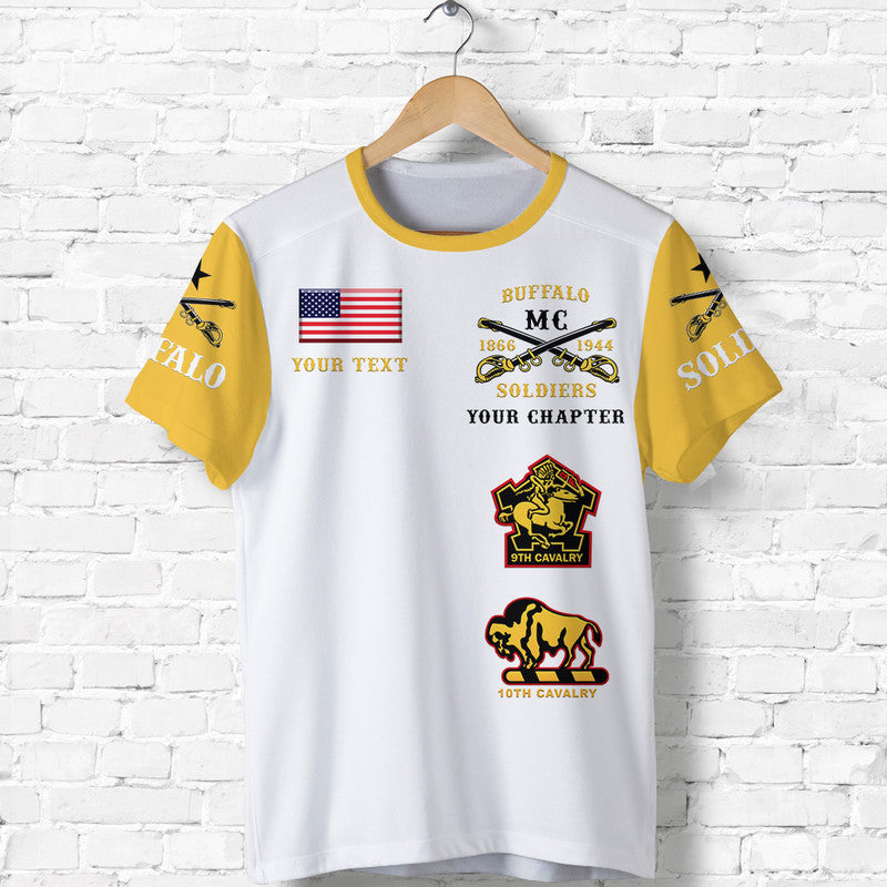 White T-shirt with gold trim; front Buffalo Soldiers graphic, 9th & 10th Cavalry patches
