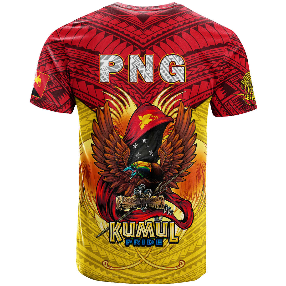 Kumul Pride rugby T-shirt, red patterned top and yellow bottom with eagle and PNG logo