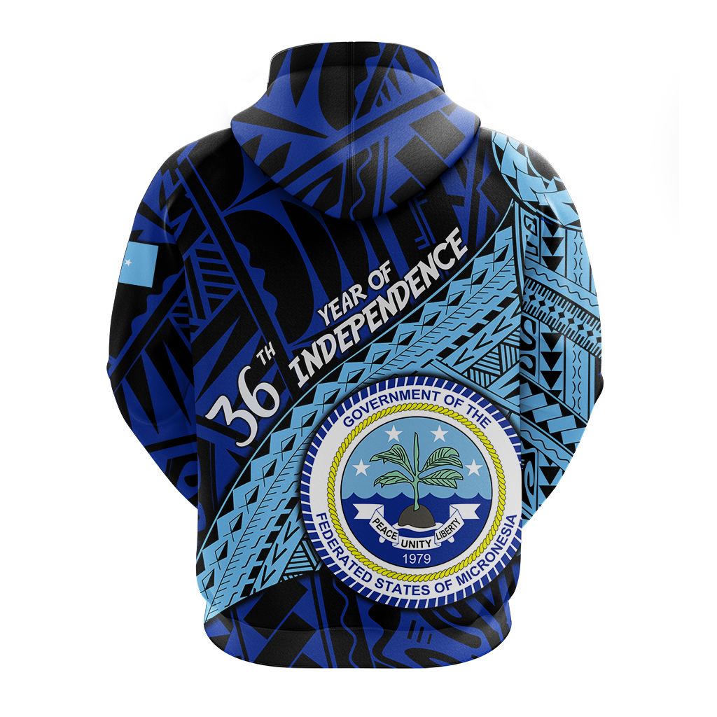 Blue and black graphic pullover hoodie back with large circular emblem and independence text