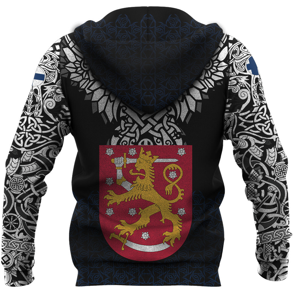 Black zip hoodie back view with Viking crest, all-over Norse pattern hood and hem
