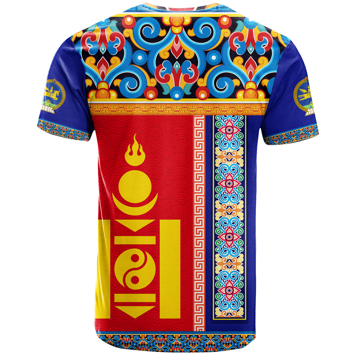 Blue crewneck T-shirt back with ornate swirl pattern, vertical green border, red central panel
