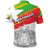 Polo shirt back with green collar, red-yellow stripe and floral line-art print.