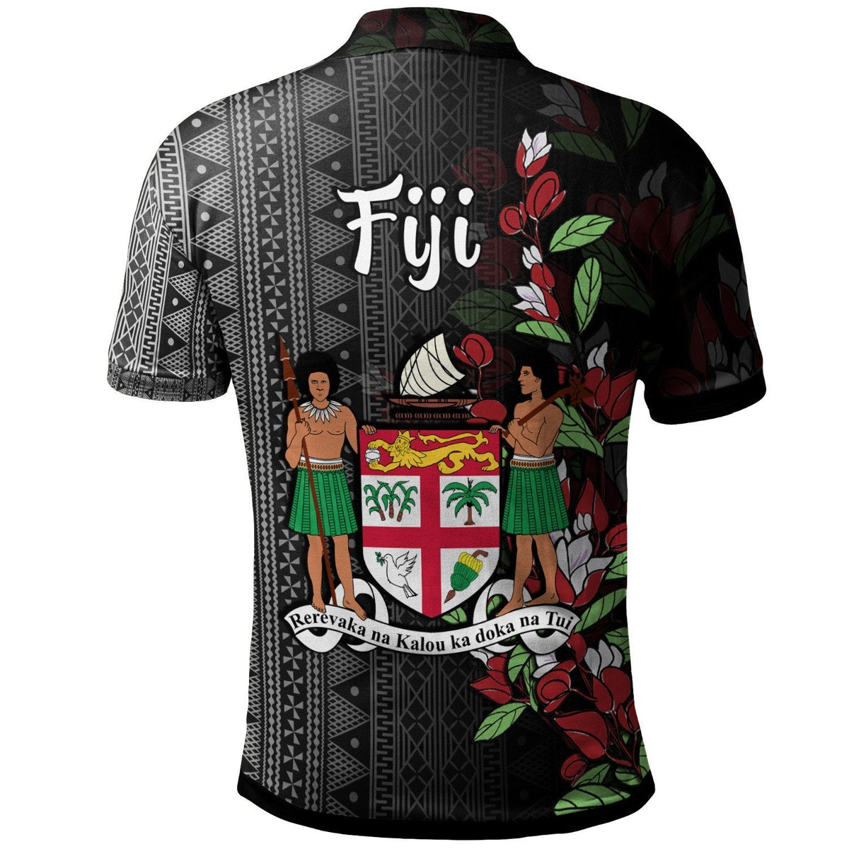 Fiji polo shirt back, black with Fiji text, floral accents, and crest graphic