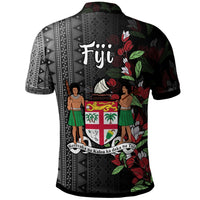 Fiji polo shirt back, black with Fiji text, floral accents, and crest graphic