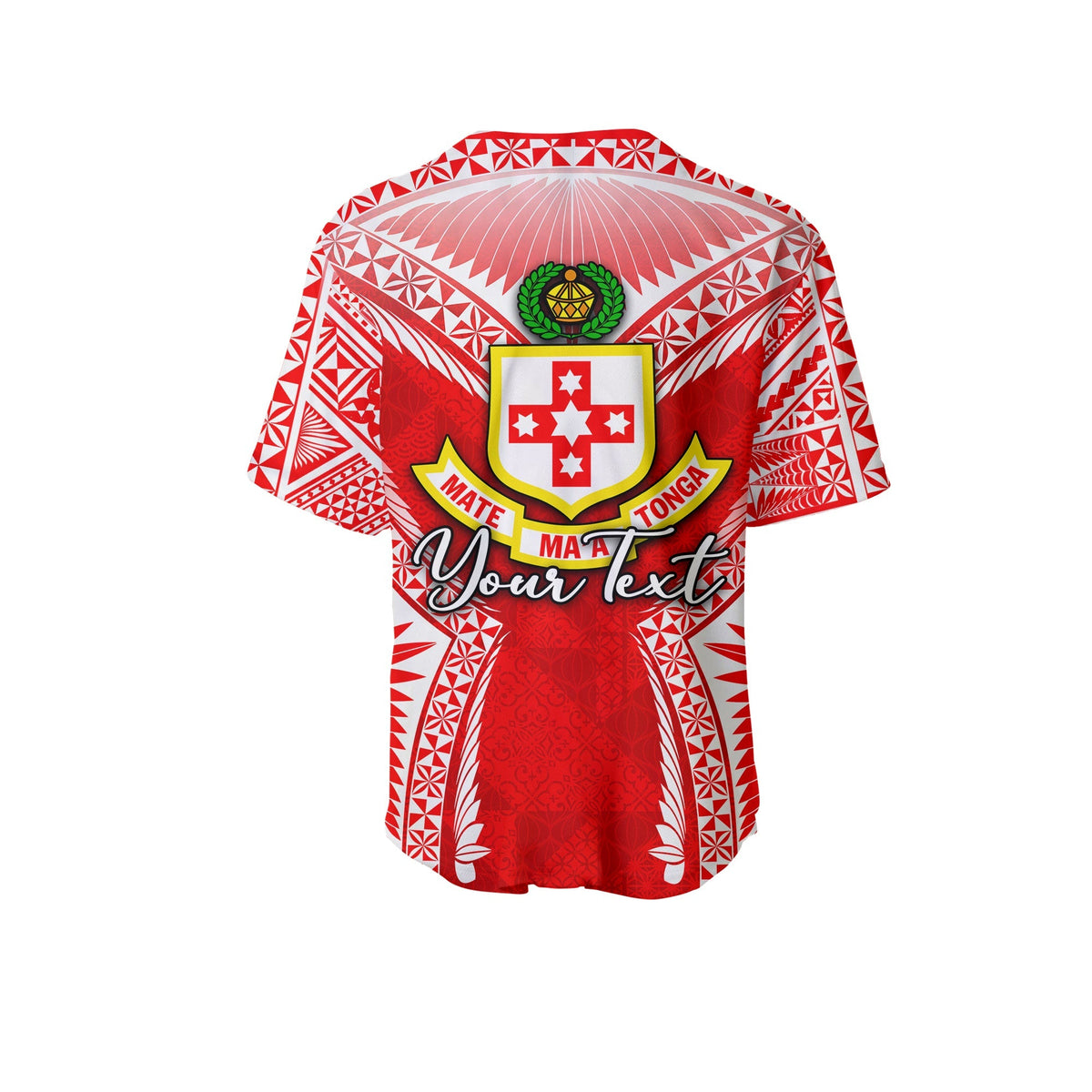 Red Kolisi Tonga baseball jersey back view with crest and Your text