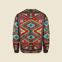 Unisex crewneck sweatshirt with colorful geometric Native American pattern, back view