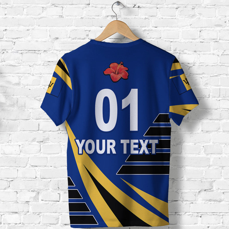Blue cricket T-shirt back with 01, Your Text, and yellow-black stripe pattern