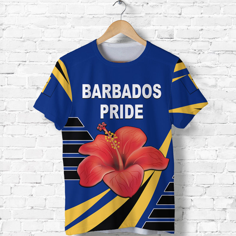 Blue Barbados Pride cricket T-shirt with red hibiscus and yellow-black diagonal stripes
