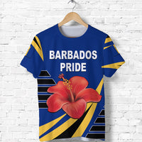 Blue Barbados Pride cricket T-shirt with red hibiscus and yellow-black diagonal stripes