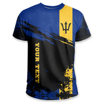 Blue and black T-shirt with yellow vertical stripe, crown logo and large graphic print