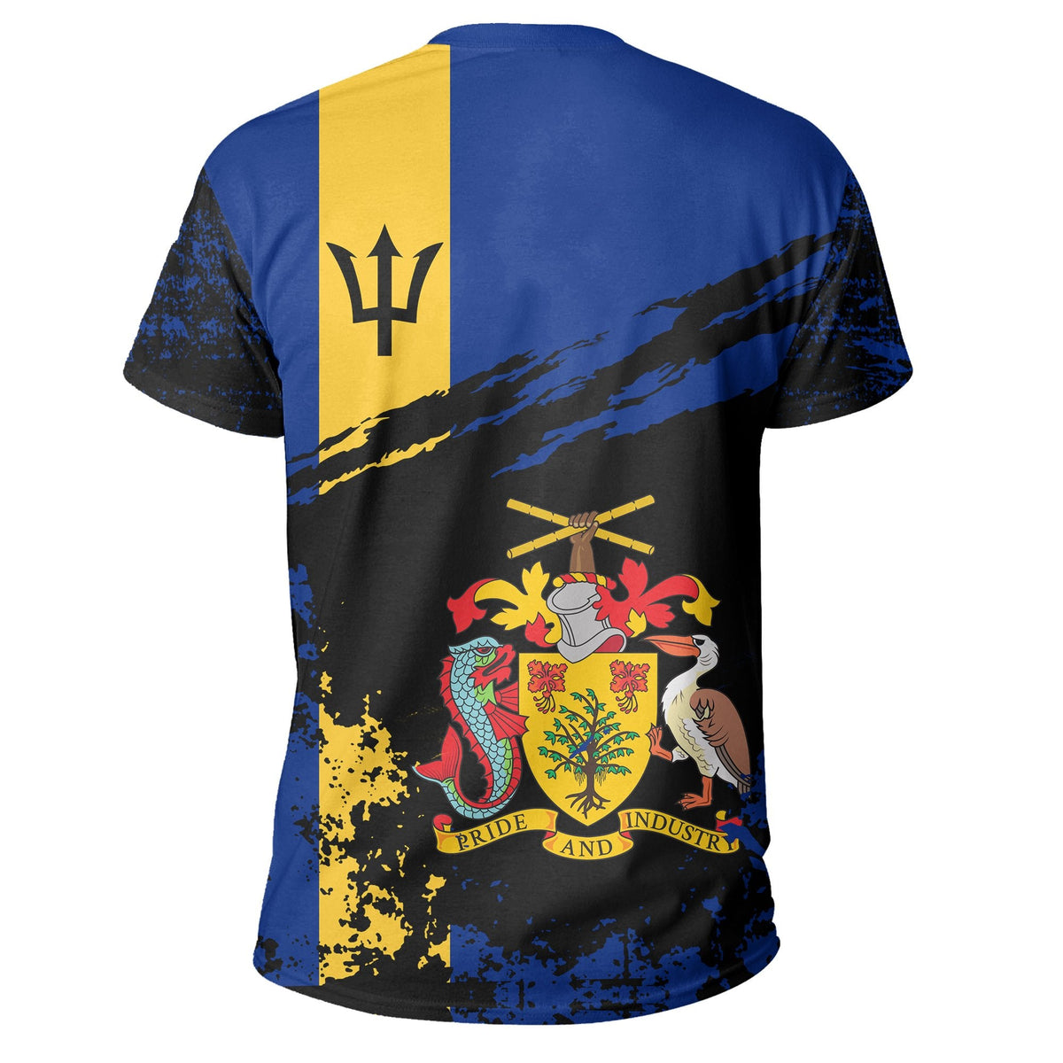 Back of blue and black T-shirt with yellow panel, crown emblem and colorful graphic print