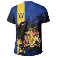 Back of blue and black T-shirt with yellow panel, crown emblem and colorful graphic print