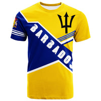 Yellow youth T-shirt with blue diagonal print, trident emblem, and BARBADOS text