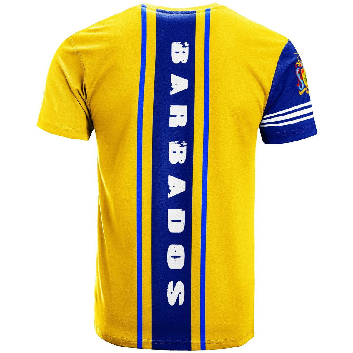 Yellow youth T-shirt back with vertical BARBADOS text graphic and blue/white stripe