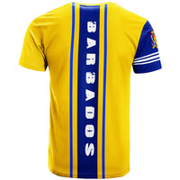 Yellow youth T-shirt back with vertical BARBADOS text graphic and blue/white stripe