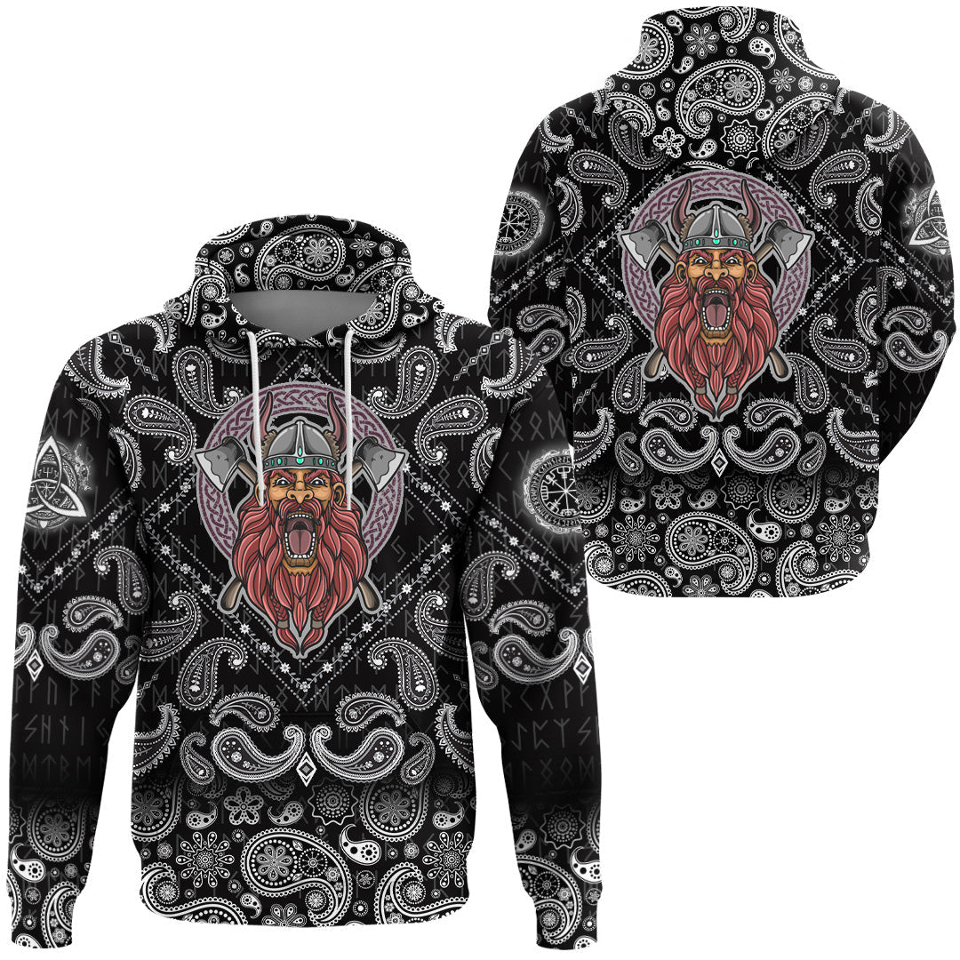 Viking Hoodie Barbarian Head With Cross Axe with Bandana Paisley Style RLT12 - Wonder Print Shop