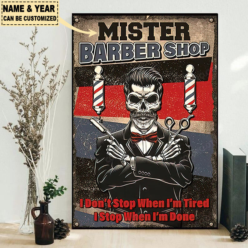 Framed vertical barber shop stop poster with skull barber, striped background and custom name