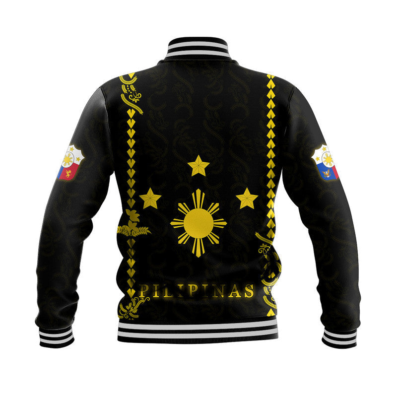 Black back baseball jacket with yellow star and sun graphic, striped ribbed hem and cuffs