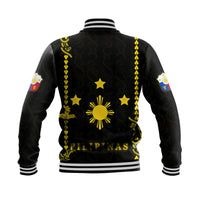 Black back baseball jacket with yellow star and sun graphic, striped ribbed hem and cuffs