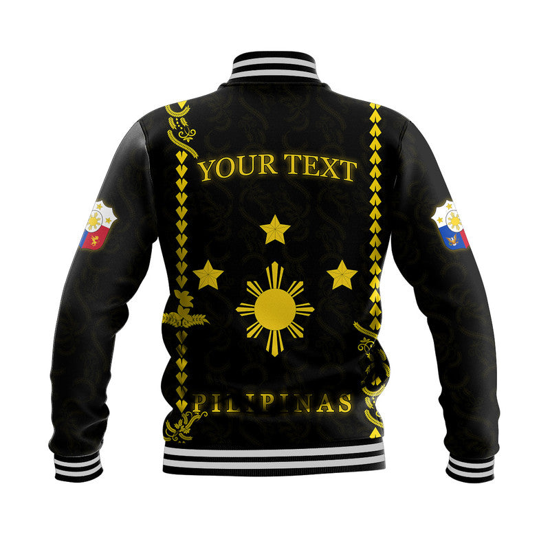 Black unisex baseball jacket back with yellow star sun motifs and 'YOUR TEXT' print